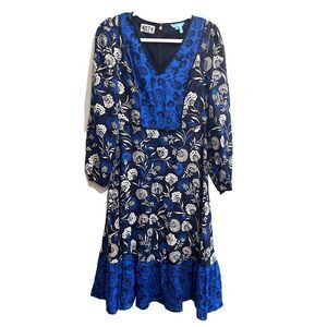 Draper James Women Silk Blue Maxi Dress 4 Floral Zip Tiered Long Sleeve Preppy